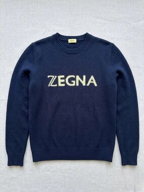 Zegna Navy Crewneck Logo Sweater for Men